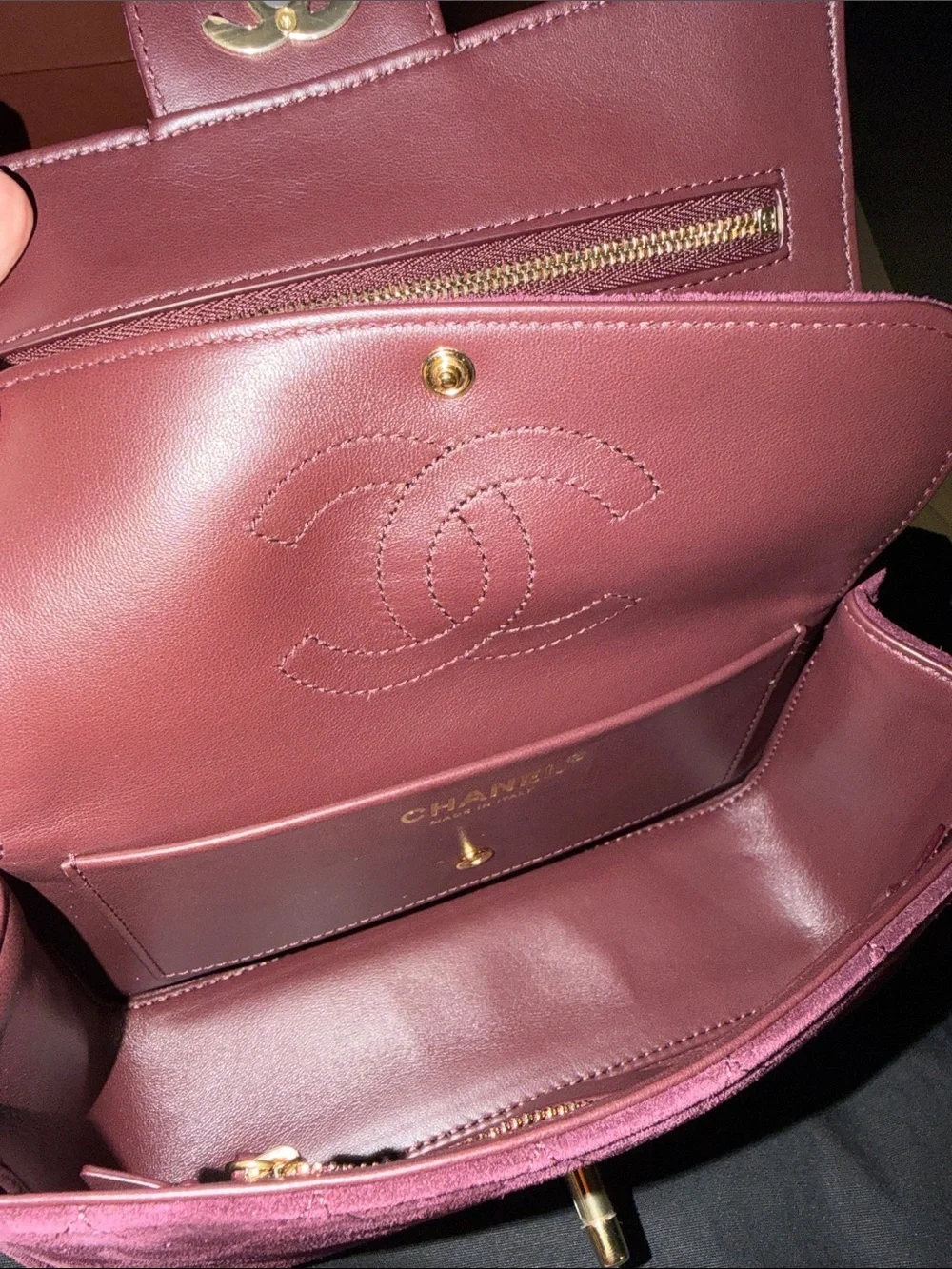 CHANEL Souplissimo mini Burgundy Quilted Suede Shoulder Bag with Gold Chain